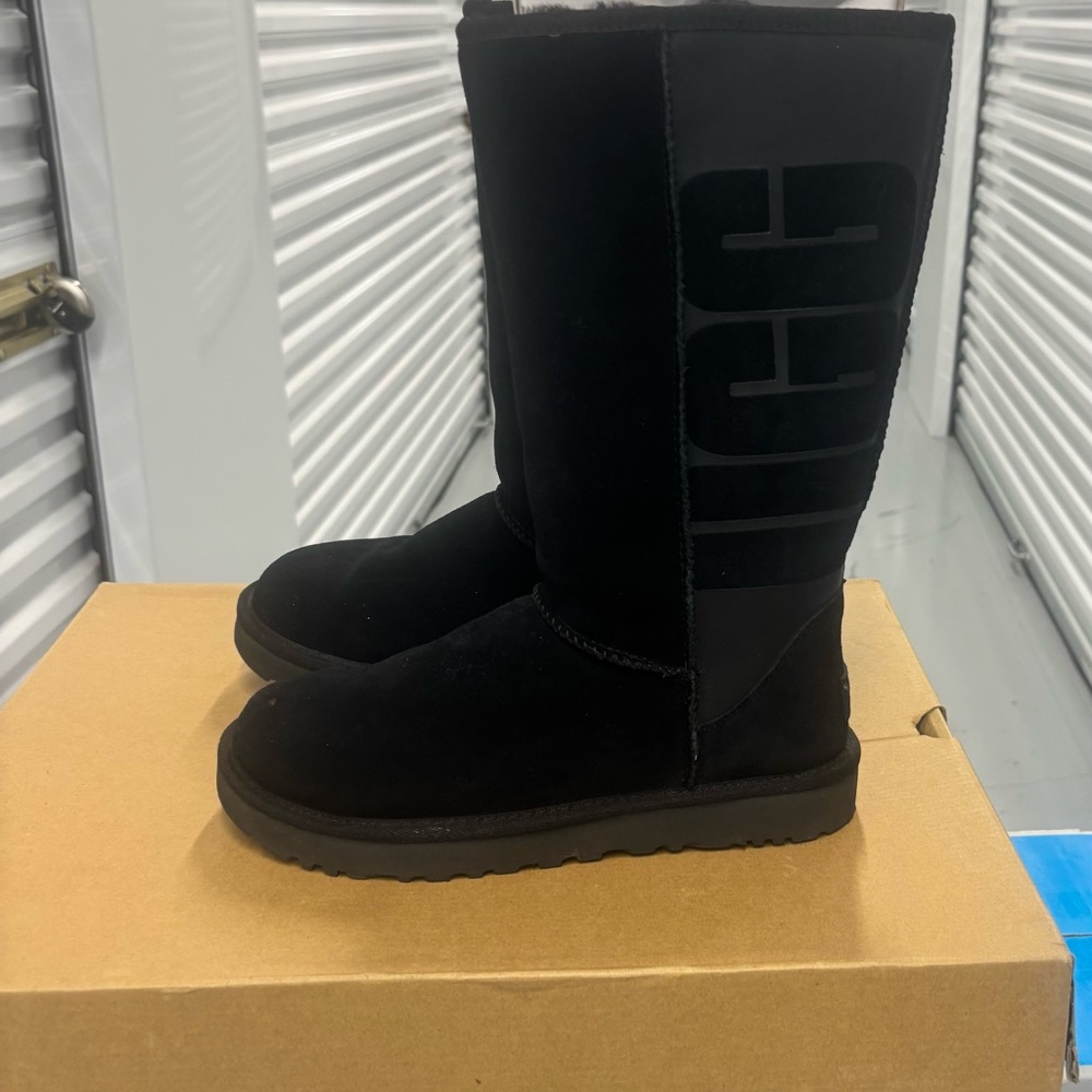 UGG Classic Tall Logo Black Rubber Boot - Picture 1 of 16